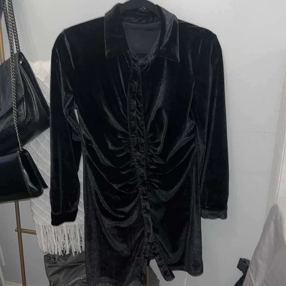Black long sleeve button down velvet dress
